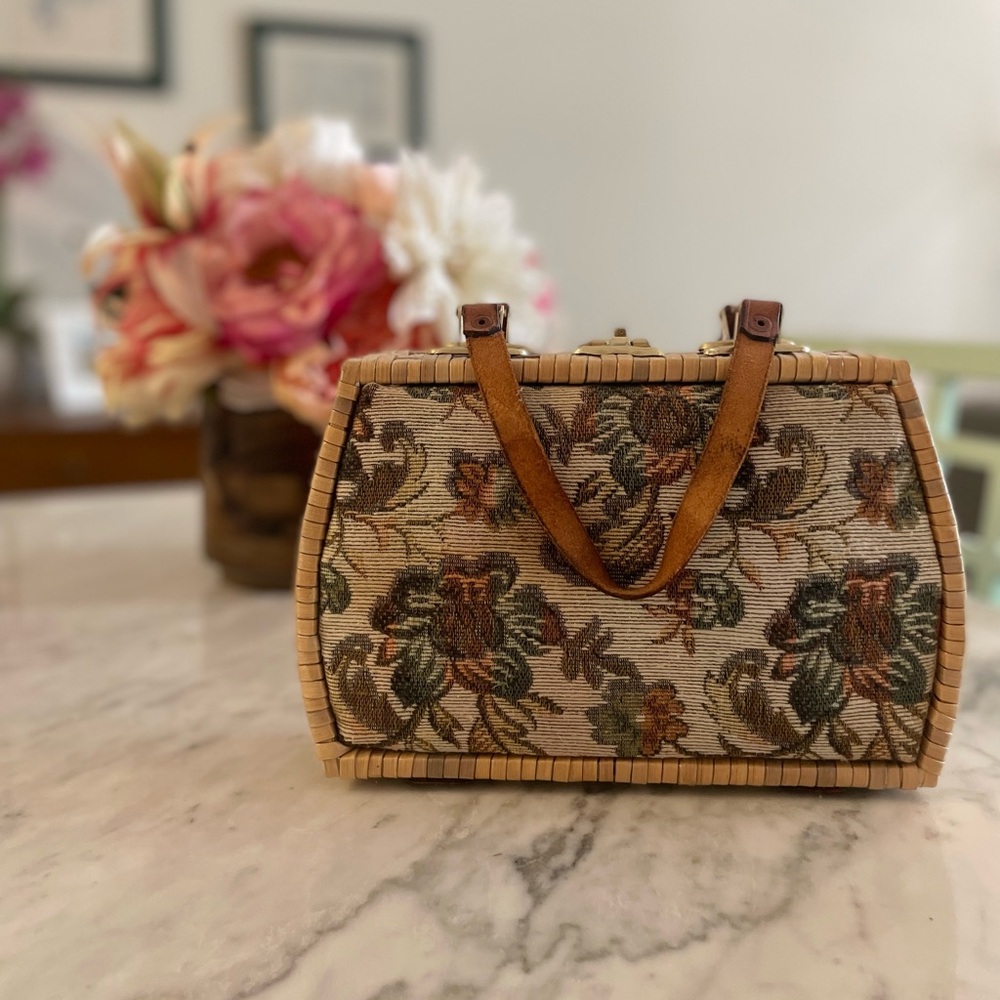 Floral Tapestry Handbag with Tan Accents